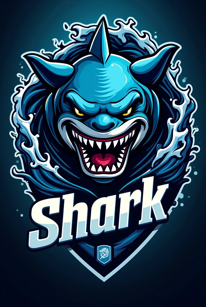 American football team crest with blue and black colors and a shark mascot 