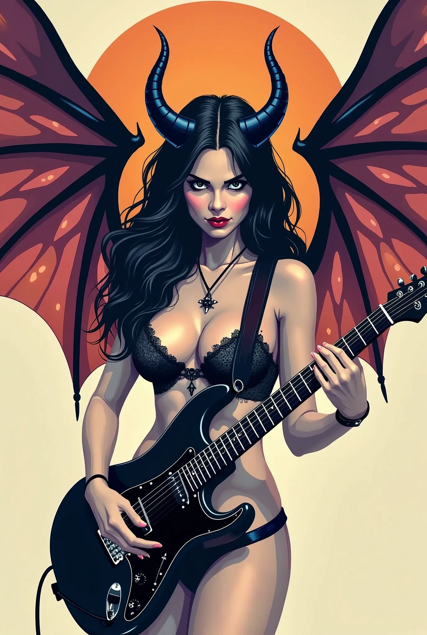 flat vector logo of a sexy voluptuous Succubus with large wings and a tail. She is holding a sparkly blue fender stratocaster. She is wearing black elegantly (((laced))) bodysuit, gloves and stockings. semi realistic style
