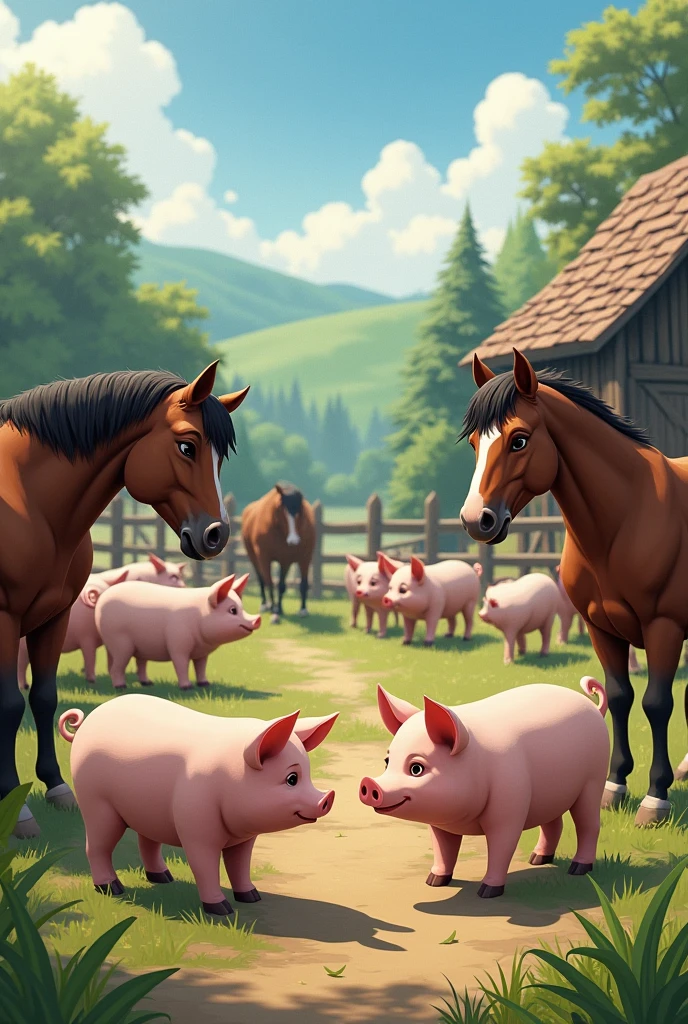 A farm with some pigs and horses staring at each other