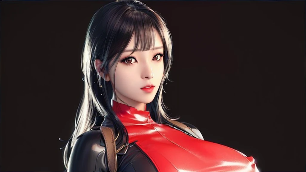 (((Perfect body,White and tender skin,(((BodySuit_lady_deadpool_ownwaifu,bodysuit, skin tight, superhero, Belt Pouch, utility belt, red bodysuit, gloves, weapon on back, thigh pouch, thigh strap, thigh holster, belt buckle, turtleneck, ))),(((ailisha,Black long hair, super long hair, slanted bangs, brown eyes, red lips))),((masterpiece)),high resolution, ((Best quality at best)),masterpiece,quality,Best quality,((( Exquisite facial features,Looking at the audience,There is light in the eyes,Smile))),Open your hands))),(((Light and shadow,Huge breasts,))),(((Looking at the camera,black background,)))),