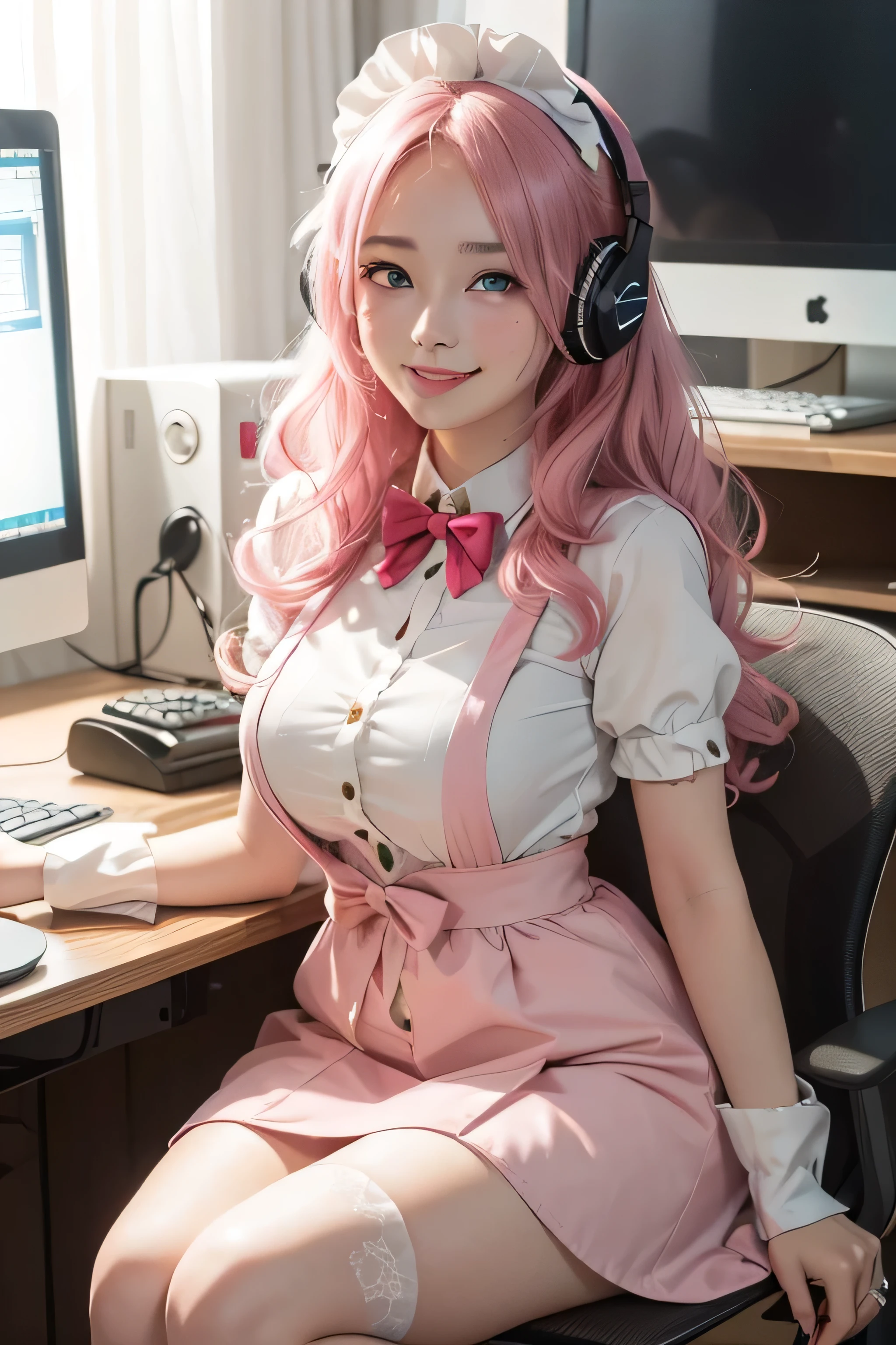 anime girl long wavy pink hair, clear green eyes , sitting in front of the computer listening to music, she has rosy cheeks and a big smile, she is dressed in a maid outfit