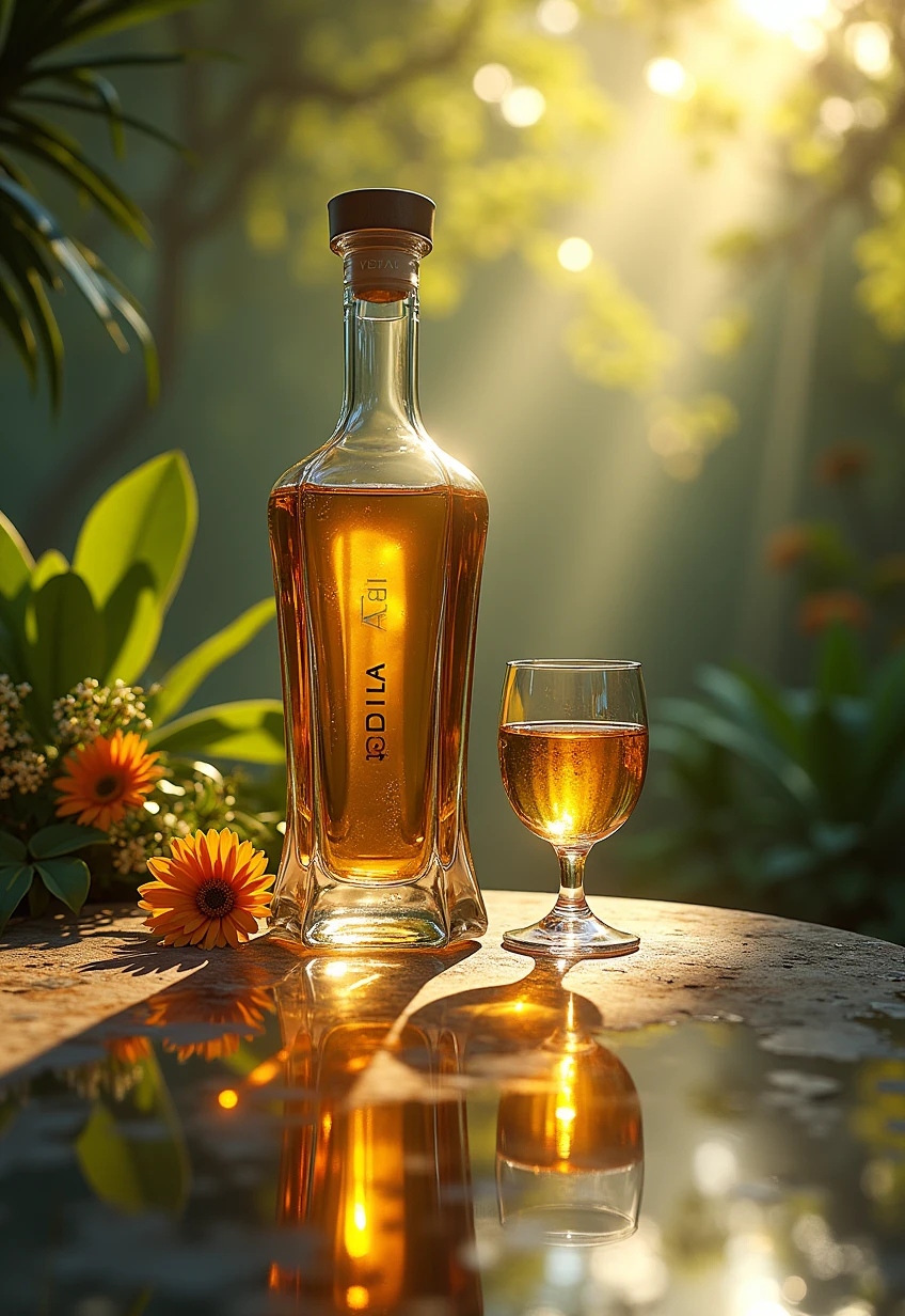 Use this https://images.app.goo.gl/nVWmYhFUAz4YyxVD9 tequila bottle with glass on a mirror surface with fresh gold nature sunny background Nouveau realistic