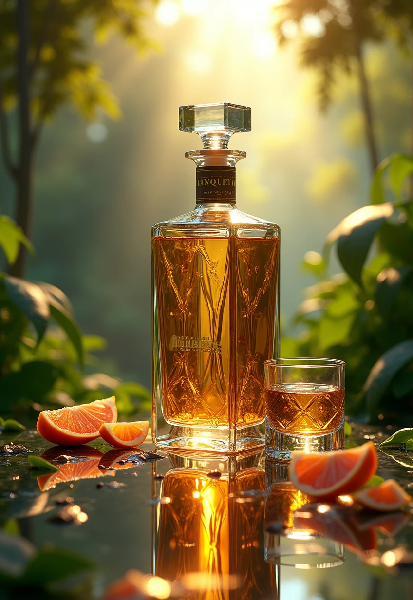 Use this https://images.app.goo.gl/nVWmYhFUAz4YyxVD9 tequila bottle with glass on a mirror surface with fresh gold nature sunny background Nouveau realistic