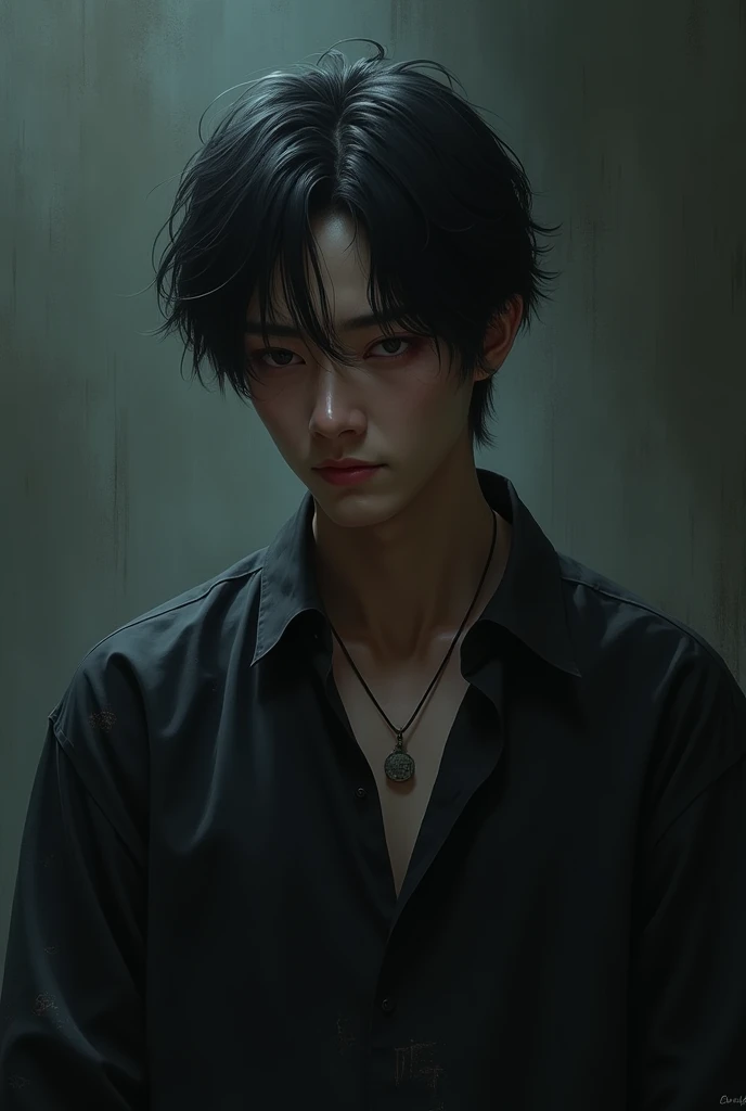 A 28-year-old Asian male with a dark and twisted past, marked by deep trauma and inner conflict. His face is sharply defined, with a chilling, menacing smile that hints at buried pain and malice. His eyes are pitch black, reflecting a void of emptiness and sorrow, yet occasionally revealing a fleeting, unnerving gentleness. His jet-black hair is slightly tousled, with a few strands falling over his forehead, subtly obscuring his true identity. He is dressed in a dark, modern outfit—a black shirt or jacket—that bears faint stains and tears, symbolizing his troubled history. A small, meaningful necklace hangs around his neck, a silent reminder of his past. His posture is generally reserved, quiet, and introverted, but when his darker side surfaces, his demeanor transforms, exuding an ominous aura of anger and despair. The background is dimly lit, with shadows that almost seem to move and breathe, representing the ghosts of his haunted past and the internal turmoil he carries."