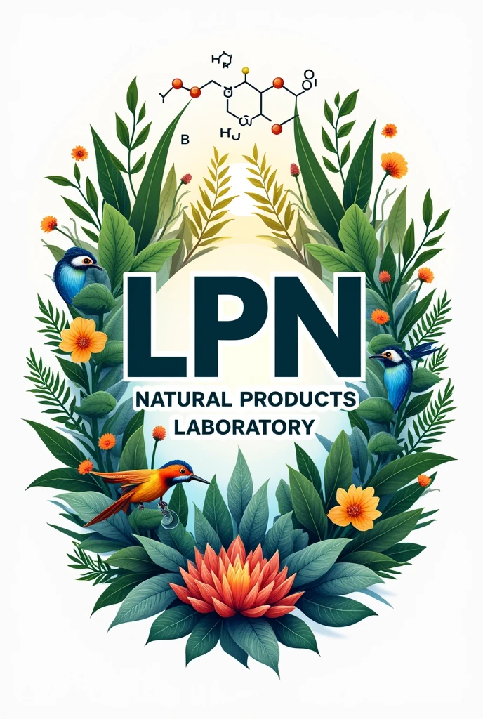 Logo of the Natural Products and Organic Synthesis Laboratory, that has plants, organic molecules, Let the word LPN natural products laboratory come out, marine products, Chilean plants