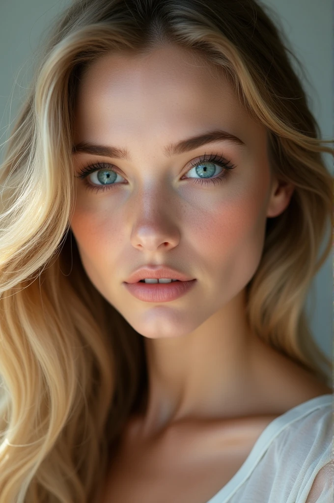 a blonde woman with blue eyes