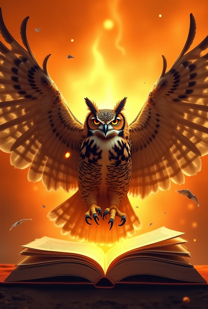 I want you to make a flag with a theme Knowledge shares knowledge, with the main color orange, I want in the middle of it a symbol of an owl coming out of a book with its wings open, behind her I want fire, I want the owl with the threatening expression