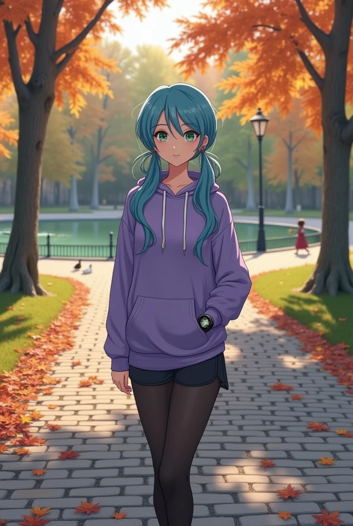 20 years old young girl with blue and white hair, long flowing blue hair, very long wavy azure blue hair, long blue hair, beautiful woman with blue hair, flowing blue hair, beautiful blue-haired girl, pretty girl with blue hair, long azure blue hair, blue long hair, very long blue hair, girl with blue hair, blue hairstyle, tall, beautiful, athletic figure, medium round breasts, green eyes, (best quality, 4k, 8k, high definition), ultra detail, detailed face and facial features, beautiful detailed eyes, beautiful detailed lips, extremely detailed eyes and face, long eyelashes, graceful triangular face, classic lip shape, small graceful nose, super realistic, standing confidently in a park, wearing a purple hoodie and black leggings. Her hair is styled in two low pigtails. A peaceful and well-maintained park during early autumn. The scene features a wide, winding path made of cobblestones, flanked by tall, mature trees with leaves turning shades of orange, yellow, and red. A few benches are scattered along the path, some occupied by people reading or relaxing. On one side, there's a small pond with clear water reflecting the colorful trees and a family of ducks swimming near the edge. In the background, you can see a large open green lawn where children are playing with a ball. There’s also an old-fashioned lamppost next to the path, and a few fallen leaves scattered on the ground. The sky is partly cloudy, allowing rays of sunlight to filter through the branches, creating a warm and inviting atmosphere. The park is surrounded by a low wrought-iron fence with ivy growing along it, adding to the charm and tranquility of the setting. The girl is wearing black running shoes, and a smartwatch is visible on her wrist, realistic photo