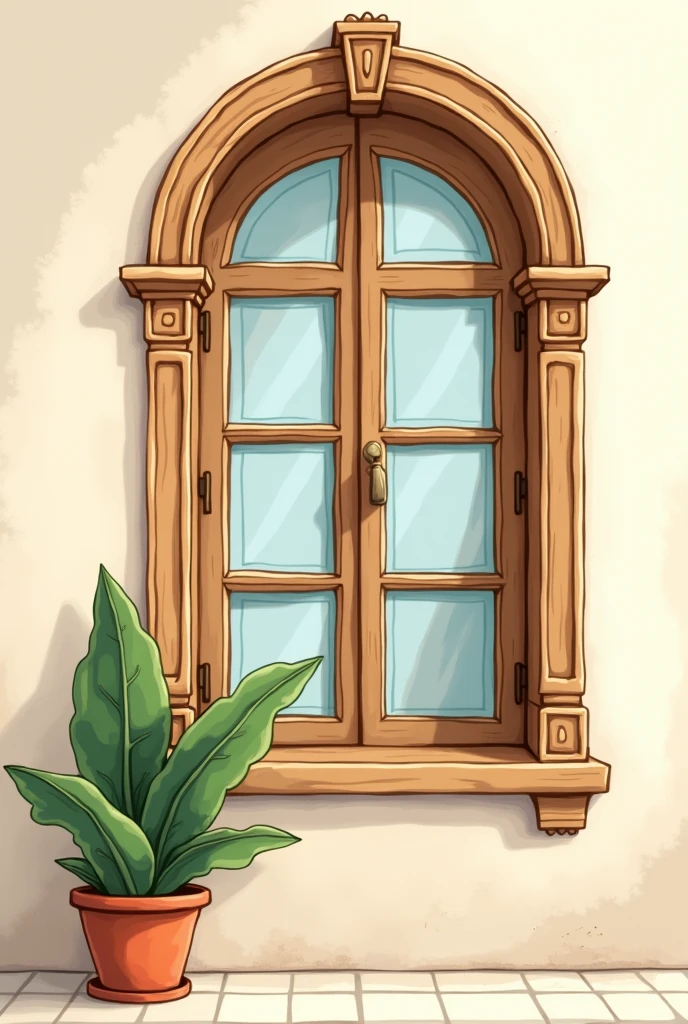 An animated basic drawing image of a French window that is elegant wood type, of 1.Plant referring to the position