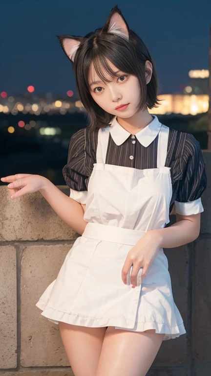 shoot from front,1young girl,15yr,wearing striped panties,look at a viewer,shorthair with bangs,((maid clothes with cat ear)),((lift skirt with show panties)),background is castle,at nighttime
