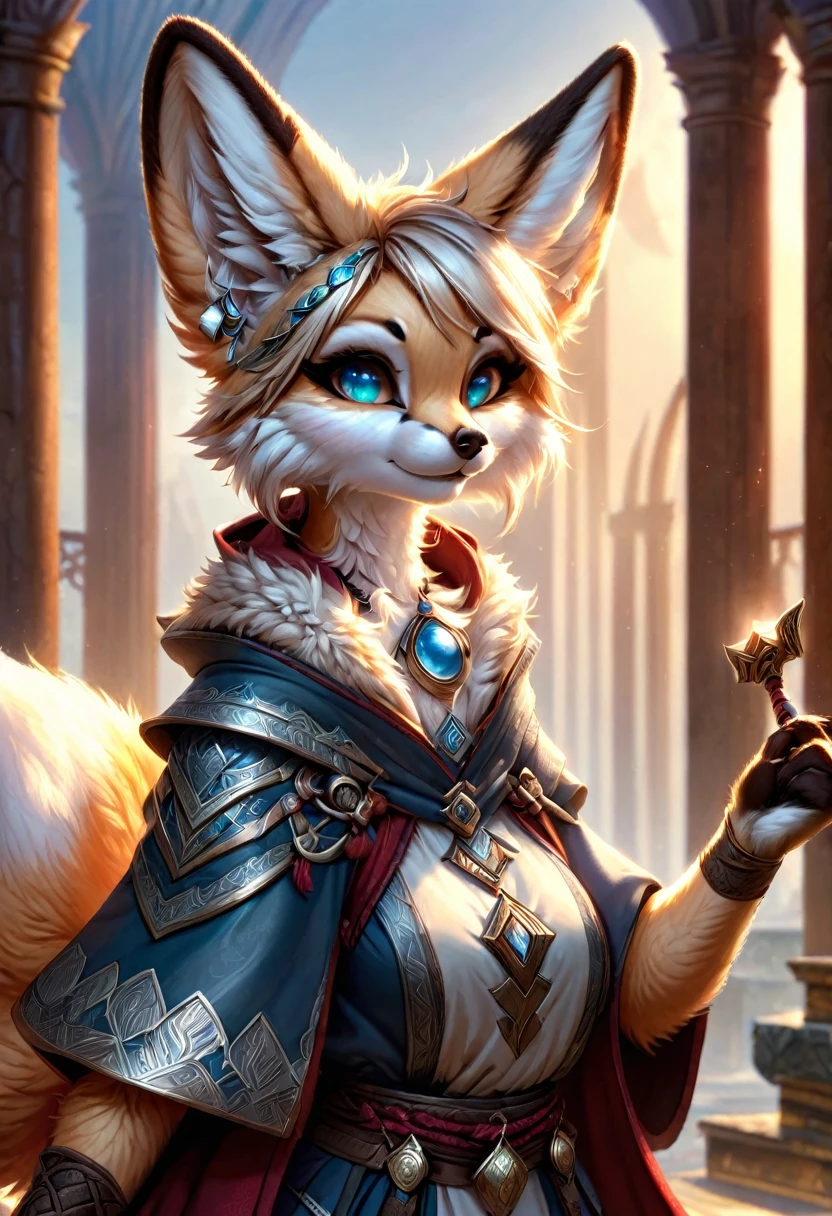 Anthropomorphic female fennec fox mage. Official Art – Charecter profile. An Award-Winning Digital Masterpiece In 4K Ultra HD, Extreme Detail And Intricate Realism. Symmetrical Face. This Concept Art Brought To Life By The Hands Of Artists Like Wlop & Artgerm In A Stunning 2D Vector Illustration.Background Is A Panoramic Vista.
