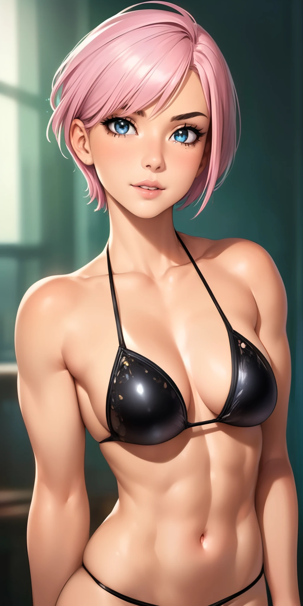 (best quality, ultra-detailed, photorealistic: 1.39), bright and vibrant colors, studio lighting, romantic expression, Beautiful black bikini, light fabric, undercut platinum bobcut sparkling pink hair, small breasts, fit, muscular, short hair, mercenary