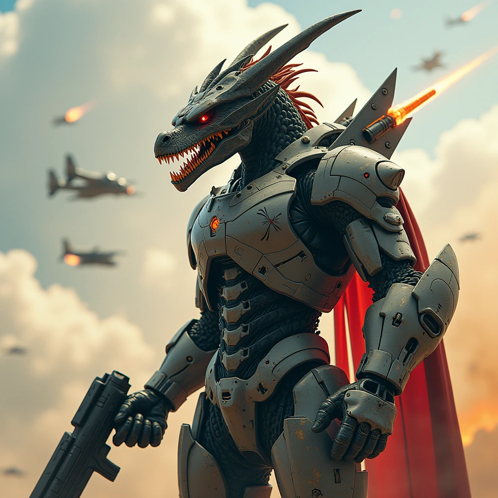 (dragon terminator cyborg in armor with weapons (blaster 1.2)), (3 bodies 1.3), Full body image, (complex elements), (Cyberpunk Style 1.5), (futurism 1.2), there is war in the background, (planes are flying, spaceships)