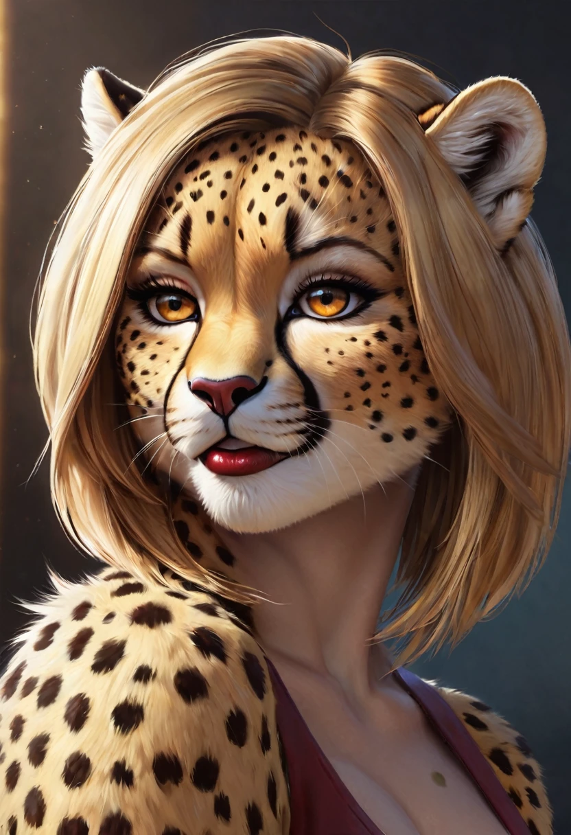 An stunning girl, beats girl, cheetah girl, smile, stand alone, digital painting, digital illustration, extreme detail, digital art, 4k, ultra hd, Anna Dittmann, hyperrealism, trending on artstation, polished, radiant, photorealistic, matte painting, hyperrealism, unreal engine, 3dsmax, trending on artstation, unity 3d, Fantasy girl, realistic fur, realistic pattern, blonde, bob haircut, asymmetrical hair, glossy red lipstick, perfect eyelashes, perfect body, perfect makeup eyes, light freckles,slit pupils
