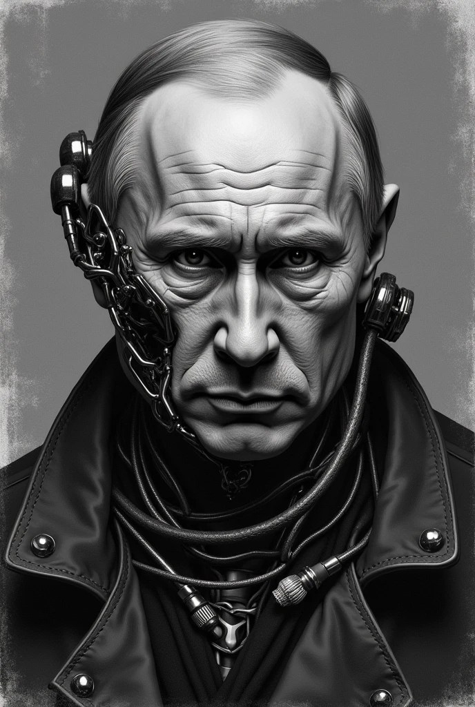 a pencil sketch of vladimir putin as the terminator, half human half machine, extremely detailed, highly realistic, cinematic lighting, dramatic shadows, monochrome, gritty, grungy, moody, ominous, powerful, intimidating, (photorealistic:1.4), (masterpiece:1.2), (realistic:1.37), high quality, 8k, extremely detailed