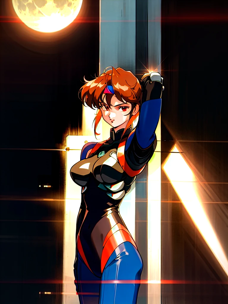 Kenichi Sonoda, retro art-style, 90s Japanese Anime Style, "bubblegum crisis", Sci-fi, Cyberpunk, Neon, Dystopia, (This story is set in the near future of Mega Tokyo in 2032 and depicts the exploits of beautiful young girls who are Knight Sabers, shadow executioners. At midnight, on the spire of a particularly tall skyscraper, a person wearing a metal hard suit that covers the entire body from head to toe can be seen standing stylishly against the backdrop of the full moon. The shadow that stands out against the backlight of the moon is made of smooth curves, creating a feminine body line.), The main character, "Priss", 1girl, solo, 20yo, anime beauty, Cool beauty, Unparalleled beauty, Brown medium length hair, red eyes, Sharp eye, dark blue metal hard suit with orange lines, The design is based on Syd Mead-style industrial mechanic design., fearless look, smile, Standing alone in the backlight, he looks cool and stylish., looking at viewer, close-up photography of upper body, Depth of field, character focus, (masterpiece, anime cg, official art, work of art, Award-winning work, extreme quality, ultra high definition, all intricate, overall detailed, finely detailed, super detailed, very aesthetic, boast pompously, focus on entire screen, asymmetrical, raytraced, caustics, textile shading, incredibly absurd resolution, absolutely resolution, ultra high resolution, professional, vivid colors, perfect anatomy, ideal facial features, beautiful detailed face, ideally proportioned figure, perfectly beautiful body),
