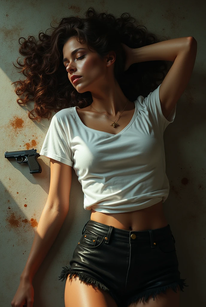 (photorealism:1.2), beautiful and hot brunette woman, curly hair, beautiful body and legs, beautiful nose, thin face details, beautiful face, Closed eyes, like dead on floor, lying, sexy pants white t-shirt and Black shorts, hiper realistic, hiper detailed, she is falled out with 1 gun shots in head