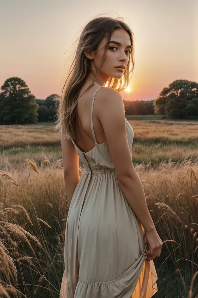 
"A serene, nature-inspired scene featuring a person standing in a field of tall, golden grasses, with the soft glow of the setting sun casting a warm light. The person is dressed in flowing, earth-toned clothing, blending harmoniously with the natural surroundings. They are positioned slightly off-center, gazing thoughtfully into the distance or with their back turned to the camera, capturing a moment of peaceful solitude. The background features a mix of wildflowers, distant trees, and a pastel-colored sky with hints of pink and orange. The overall atmosphere is calm, dreamy, and deeply connected to nature, creating a visually soothing and aesthetically pleasing Instagram photo."