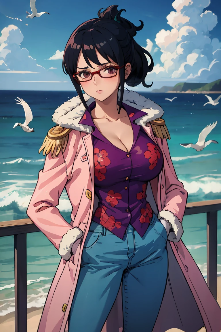 glasses, folded ponytail, pink coat, coat on shoulders, purple shirt, pink gloves, blue pants masterpiece, best quality, absurdres, ship, on deck, ocean, flying seagulls, hands in pockets, looking at viewer, big breasts, cleavage, undressing, looking at viewer