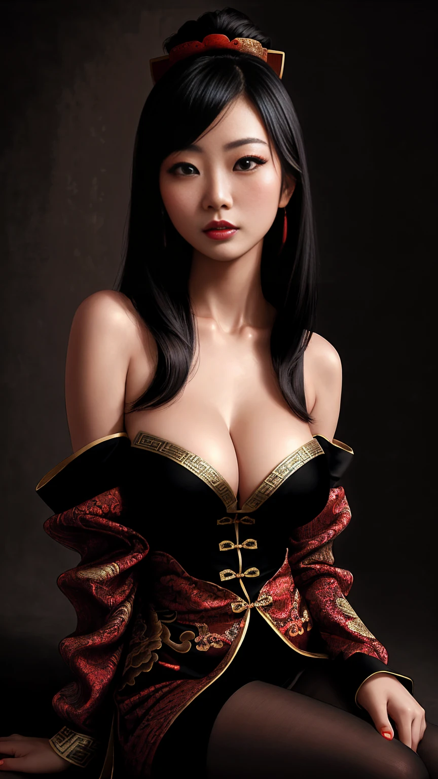 Best quality, masterpiece, ultra high res, (photorealistic:1.4), raw photo, 1girl, Beautiful (((Chinese woman))), Chinese girl, beautiful young Chinese woman, Chinese woman, Chinese women's fashion model, sexy look, big cleavage, sexy pose, light black hair, off shoulder, huge cleavage, in the dark, deep shadow, low key, cold light, SFW