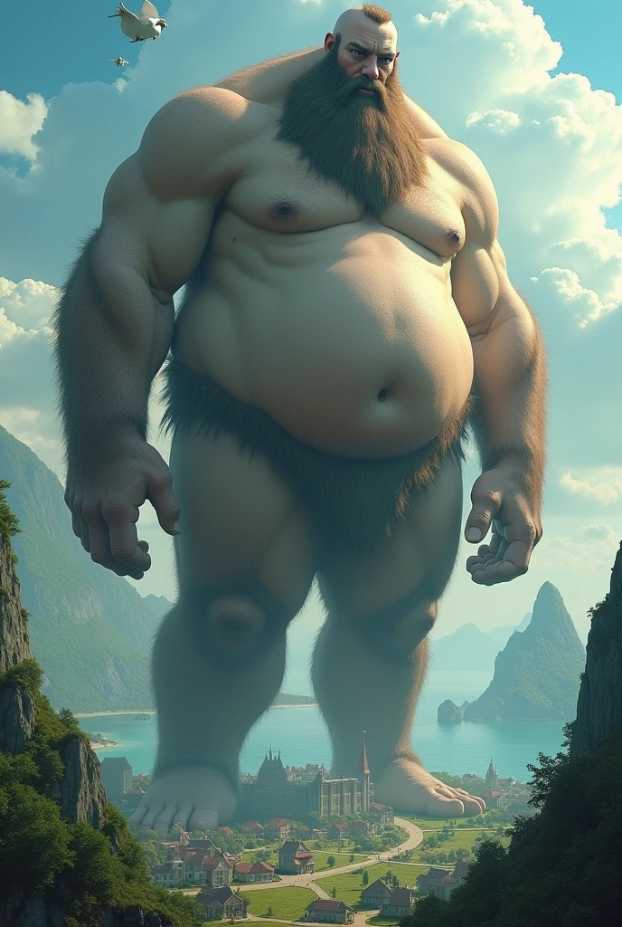 A giant as big as a mountain Town person looking up from below Huge belly Huge breasts naked aerial photograph islands Body hair in the crotch Bend Space