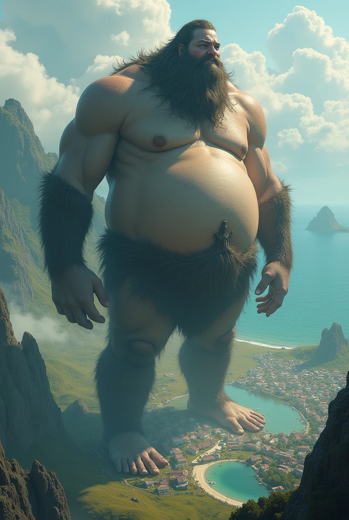 A giant as big as a mountain　Town　person looking up from below Huge belly　Huge breasts　naked　aerial photograph　islands　Body hair in the crotch　Bend　Space 
