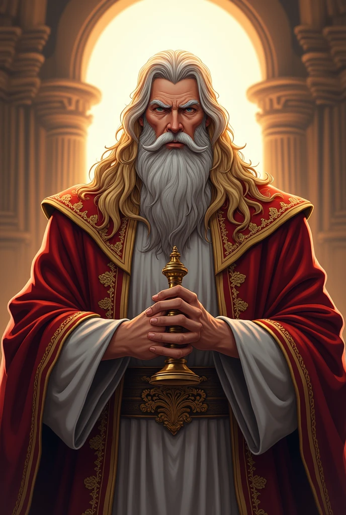 God, bearded man, masculine, God der Gerechtigkeit, Richter, Court hammer in hand, Golden hair, grey beard, Judge-savvy, Anime Style