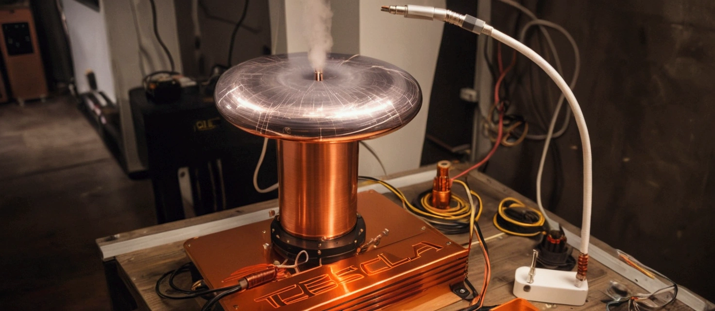 there is a copper colored object on top of a wooden table, tesla coil, tesla coils, capacitors and coils inside, lightning electricity coil, coating a stubborn core.', top view, assembled, hone finished, reactor core, bottom angle, bottom - view, a wide full shot, a wide shot, side - view, side-view