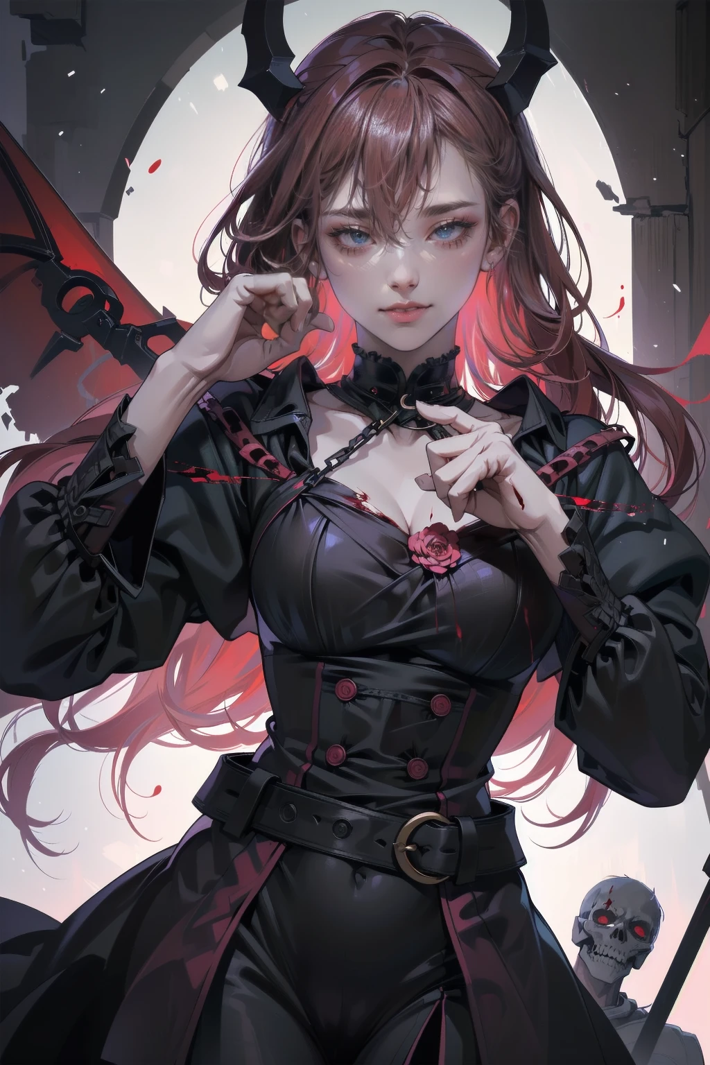 .(Highest quality,4K,High resolution,masterpiece:1.2),Very detailed,Realistic:1.37,Spooky altar background,Dark fantasy,Red color scheme,Ominous atmosphere,Eye-catching,Storytelling,anatomy,Anime Style,Concept Art,beautiful細部までこだわった顔と (((Red eyes ))),A terrifying ritual ,Satanic Ritual,Premature death,inappropriate behavior,クレイジーなsmile,Scythe Face,Girl Monster, beautiful, Delicate facial features, Sharp Eye, Sharp Fangs, pale skin, Thick chain, Dark Background, Cinema Lighting, Dramatic Shadows, Gothic style, Gloomy atmosphere, Dark fantasy, one person's, Please open your mouth wide, Open your mouth and baring your teeth,Sharp teeth like a beast, Wide lips, very wide mouth, Vermilion cheeks, ,(Blood splatter:1.4),Scary smile, smile,Angel Design, Twisted smile、Bloody、bleeding from the head,,,,,、Blood splatter、,(Blood splatter:1.4),skull,Horrorスタイル, ((Fantasy Sweet Ta Frill Pink Costume)), ((Flowing blonde hair)), ,(Blood splatter:1.4),Female curves, Sexy flat stomach, Perfect hands, Perfect anime face, (Pink Tata Dress)), Are standing, ((邪悪なsmile)), ,(Blood splatter:1.4), Steam circulates, Moonlight Illumination, night lighting, (Blood splatter:1.6),アニメAngel Design, Twisted smile、Bloody、bleeding from the head,,,,,、Blood splatter、,(Blood splatter:1.4), skull,Gothic architecture、Western architecture、Fantasy World、,Victorian cities, Skeleton Gas Light,Absurd, High resolution、 ((Tabletop)), ((Highest quality)), (Very detailedな), ((Very detailed)), (beautiful), ((cute)), (NFSW:1.8), alone,(10 years old:1.6)、(world'The most terrifying and creepy demon :1.5)beautiful face、Whole Body Ezbian、pale, beautiful肌、beautiful金の髪、Smiling Kindly、Dark building ruins、(snow white'Frill dress:1.3)、(The dark ruins are stained with blood:1.3)、Low angle full body shot、(少女は血の海の中にAre standing:1.5)、(The ground is full of blood:1.3)、(The lost a lot of blood...:1.3)、(クレイジーなsmile:1.6)、Spirits、(Blood dripping from the mouth:1.3)、Neo-goth style, Wearing a black dress and a white collar, Wearing a black hat、wearing heavy makeup, Standing in a mystical garden surrounded by vines. The garden is full of deep purple flowers.、背景のGothic architecture。. 'The hair is golden、、A red rose is pinned to the side。. Her eyes are sharp、It'Like being stabbed., Thick black eyeliner and long lashes. 彼女は顔色がpale.、Her lips are bright red.. The atmosphere is gloomy and eerie, with dim lighting casting long shadows. This piece combines digital illustration and photography..., outcome、驚くほどHigh resolutionの画像が生まれました. Most of the colors are dark、I'Calm, Deep reds and purples create a dark beauty.. The style is neo-Gothic., Horror, Portrait Photography, Create unique and compelling visual experiences.Dark Imagery