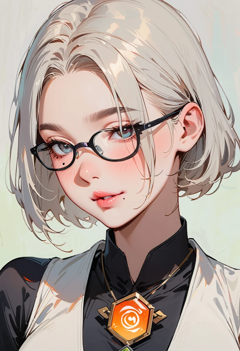 (masterpiece, best quality:1.4), 1 girl, 独奏, Anime style, Dark gray pupils, Blurred eyes, Pouting and smiling, Head slightly down, Black-rimmed glasses, Large scars on the face, Large scars, Right tear mole, Gray bald head,, Super short hair, Simple accessories, Styles of Top Portrait Artists, large breasts, White vest, White air coming out of mouth, Vision, Gray background.