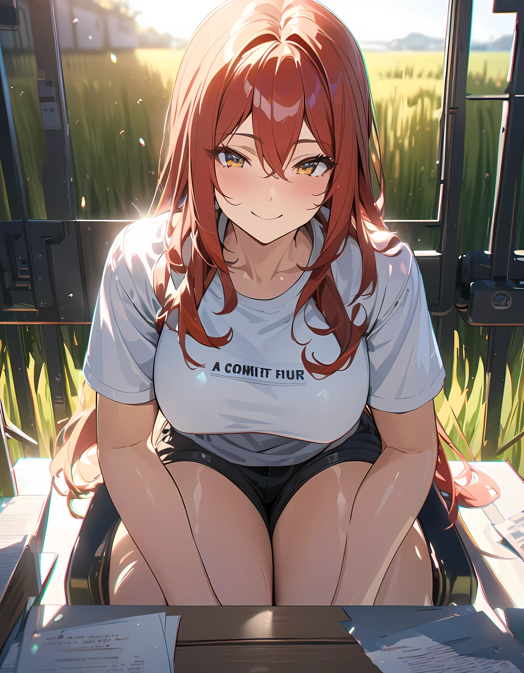work of art, anime, A peaceful and beautiful garden overlooking wheat fields, day, ray tracing, detailded reflections, Complex, attention to the details, Dramatic, Highest quality work of art, detailded, 8k, high resolution, ((robust female:1.3))、(t-shirt and shorts), smiling、happy on the table、mugshot、chestnut hair、Red-haired、fat, breasts big、blossom, Light shines, Chromatic aberration, sharp focus、Detailed people、Detailled face、Detailded hair and skin、high resolution、