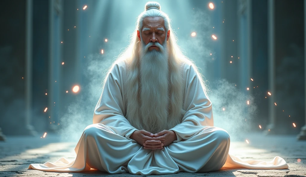Confucianism,Long white hair,Long beard,meditate with your legs crossed,Confucianism, Wearing a gray robe,Magical Aura,master,in the center,Facing the lens,Very bright color, Particles of light, The light shines, Musibu, Wallpaper Art, UHD wallpaper