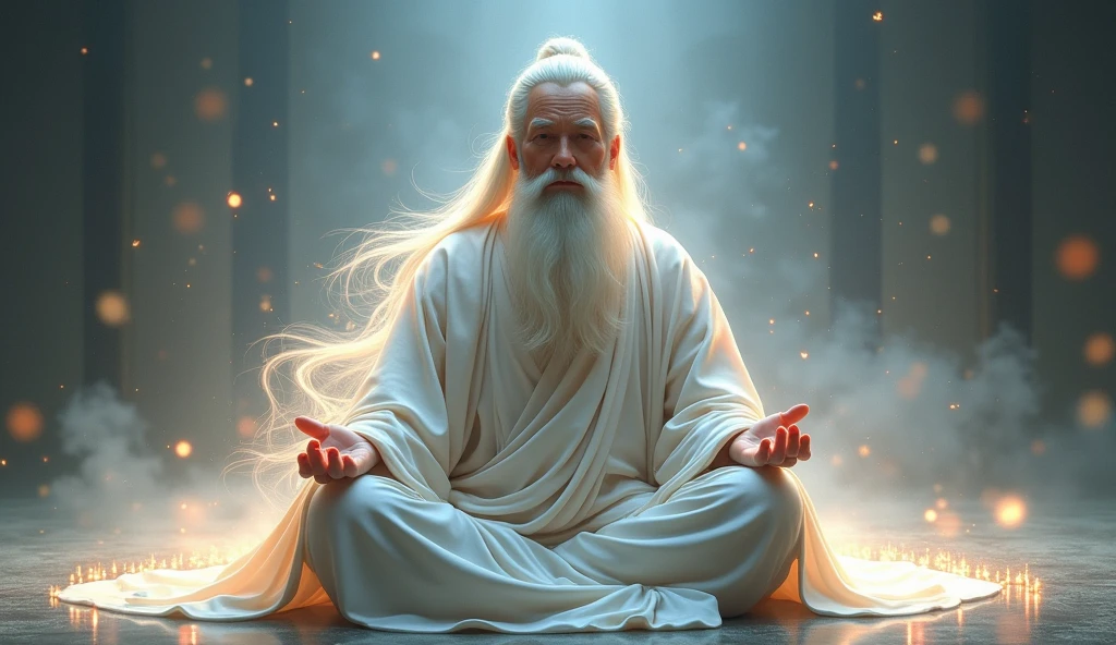 Confucianism,Long white hair，Long beard，meditate with your legs crossed，Confucianism, Wearing a gray robe，Magical Aura,master，in the center，Facing the lens，Very bright color, Particles of light, The light shines, Musibu, Wallpaper Art, UHD wallpaper