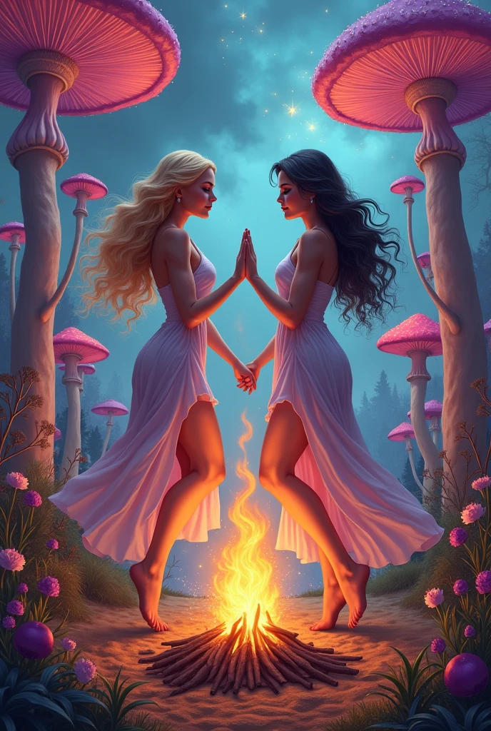 A blonde woman, A brunette woman, slickedback hair, toadstools, Enchanted World, psychedelic, dancing, camp fire.