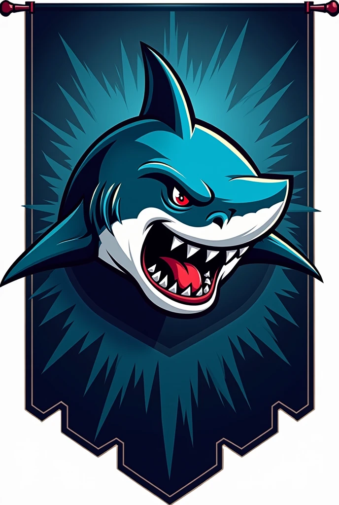 Basketball team flag with blue and black colors and a shark mascot 