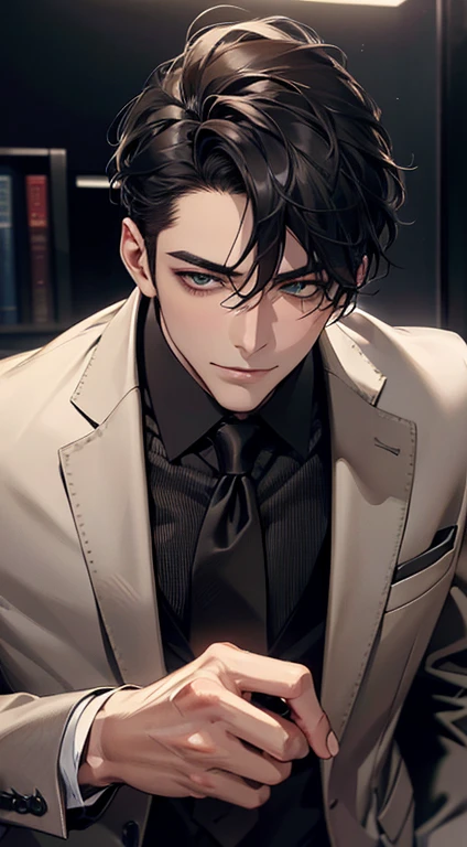 (Highest quality,4K,8K,High resolution,masterpiece:1.2),Super detailed,(Realistic,photoRealistic,photo-Realistic:1.37),1 person,35 years old,Mature Men,Beautiful skin、very handsome,Expressionless,Short gray Black hair,green eyes,Sharp Eyes, CEO in his office, huge with classic and modern architecture looking at his prey with a mischievous smile.wearing a modern grayish brown suit, with a black tie and yellow stripes. A perfect face without a doubt,Businessman, CEO, Office Background,Cinema Lighting,HDR image,tie、