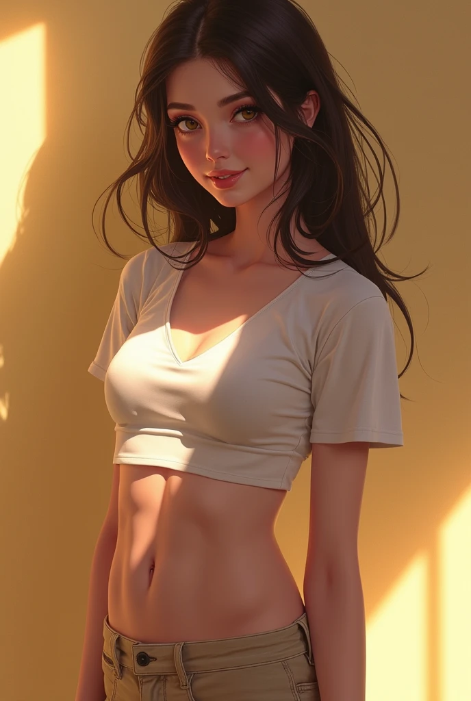 A girl with a crop shirt and no bra