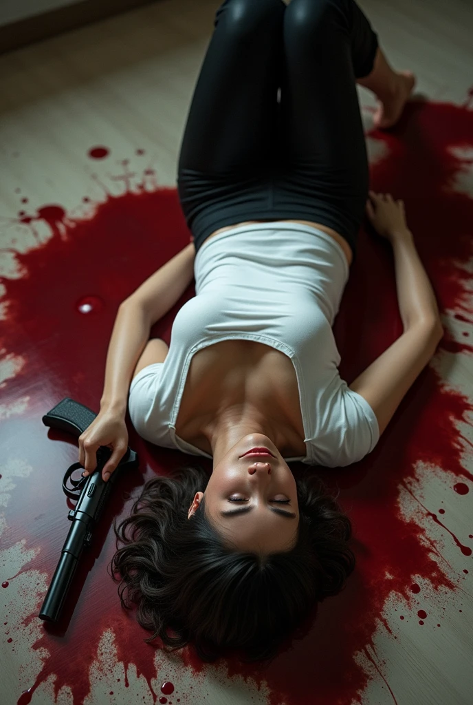 (photorealism:1.2), beautiful and hot brunette woman, curly hair, beautiful body and legs, beautiful nose, thin face details, beautiful face, Closed eyes, like dead on floor, lying, sexy pants white t-shirt and Black shorts, hiper realistic, hiper detailed, she is falled out with 1 gun shot in head, blood near The body
