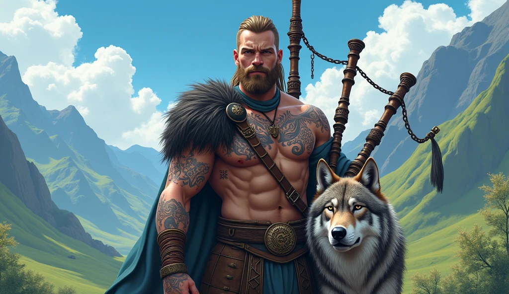 the best quality, very high resolution, detailed 4K CG anime style, Masterpiece artwork, augur, Nordic Deuses, handsome man holding bagpipes plus a wolf, rune tattoos, viking, Celtic mountains, blue sky, Norse mythology, viking rune tattoo, beautiful aesthetic, Beautiful picture, There are beautiful mountains with green grass in the back
