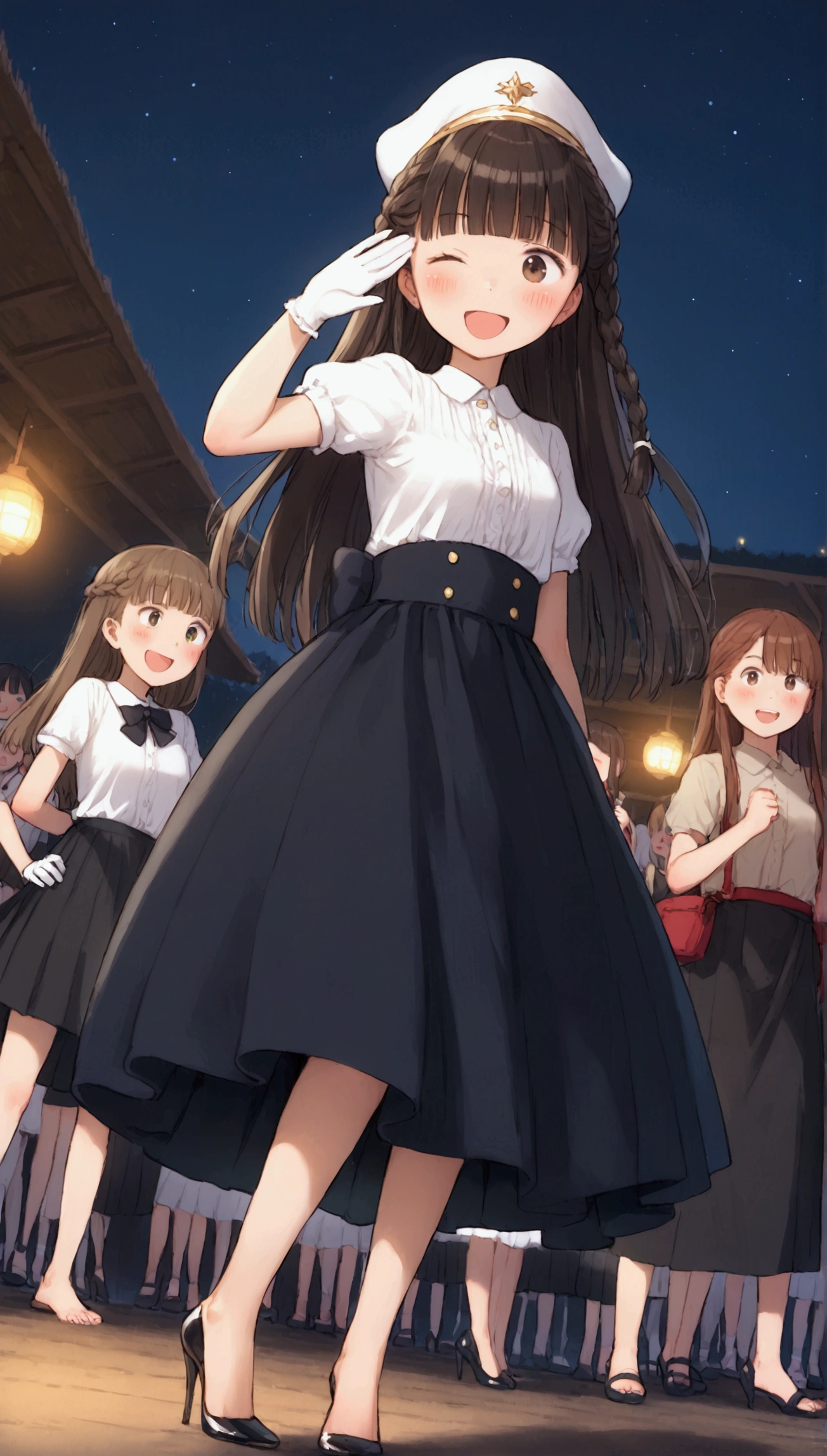 {Highest quality}, {Super beautiful},{Ultra fine},{Best illustration},Brown Hair,Hime cut,long hair,Braid,One woman,Standing Woman,Strike a pose,Adult women,smile,Excited face,Wink,Uniform cap,White Shirt,Short sleeve,long black skirt,White gloves,Night Festival,Blushing,Slender,Black high heels,barefoot,From an angle,From below,Woman with closed legs,Waving with both hands