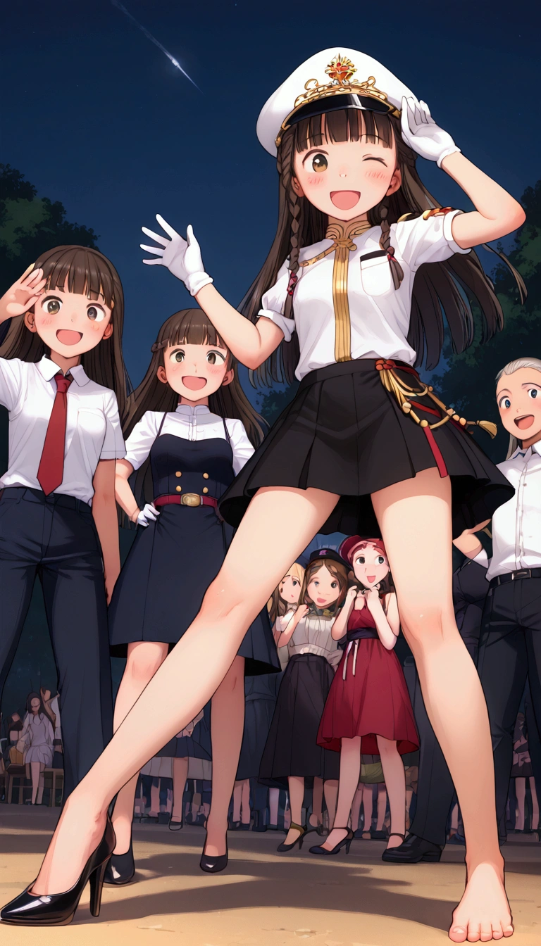 {Highest quality}, {Super beautiful},{Ultra fine},{Best illustration},Brown Hair,Hime cut,long hair,Braid,One woman,Standing Woman,Strike a pose,Adult women,smile,Excited face,Wink,Uniform cap,White Shirt,Short sleeve,long black skirt,White gloves,Night Festival,Blushing,Slender,Black high heels,barefoot,From an angle,From below,Woman with closed legs,Waving with both hands