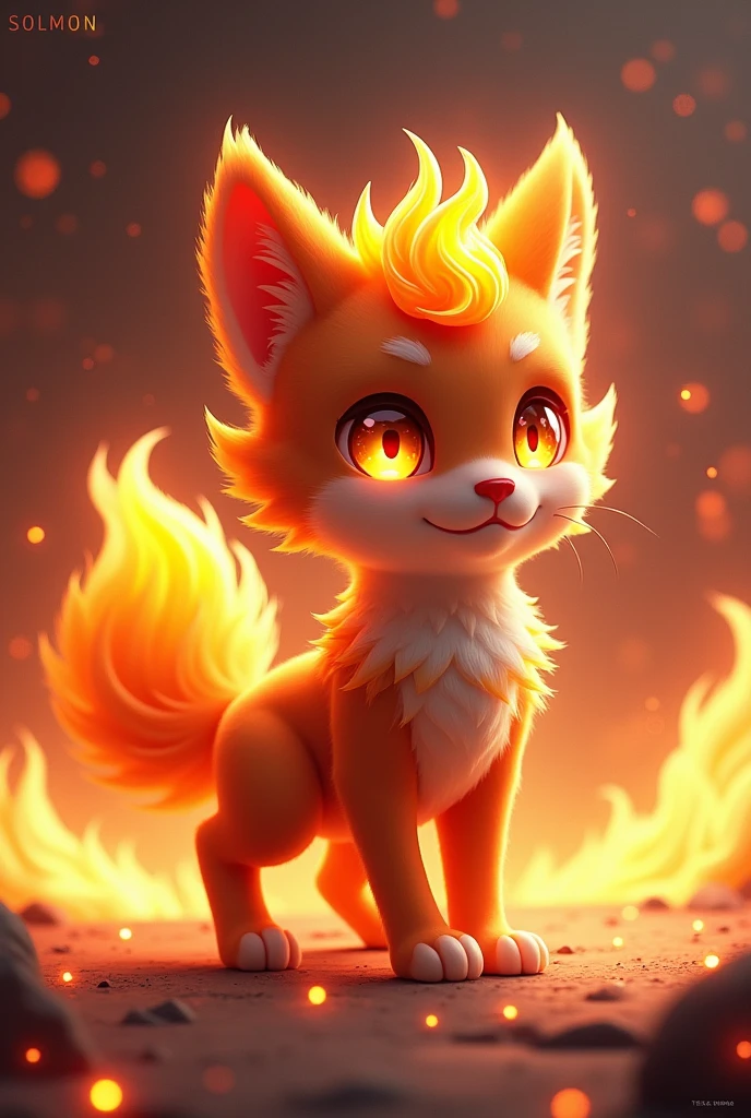 Design a 3D stylized illustration for 'Ignis,' a cat-like creature embodying the fire element. The art style should capture the sleek, modern aesthetic of the SOLMON logo, focusing on detailed fur texture with a glowing, fiery mane and tail. Ignis should be posed in a dynamic, battle-ready stance, with bright, ember-like eyes and fiery accents integrated into its fur. The background should feature a minimalistic but fiery landscape, incorporating digital sparks and cosmic elements that highlight Ignis's powerful yet adorable nature.
