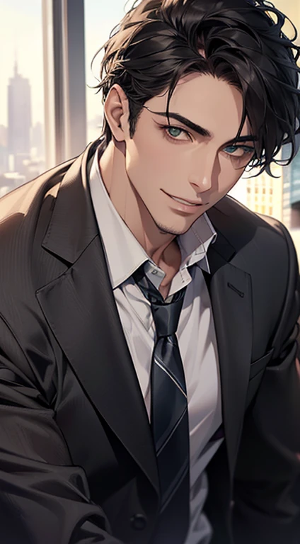 (Highest quality,4K,8K,High resolution,masterpiece:1.2),Super detailed,(Realistic,photoRealistic,photo-Realistic:1.37),1 person,35 years old,Mature Men,Beautiful skin、very handsome,Expressionless,Short gray Black hair,green eyes,Sharp Eyes, CEO in his office, huge with classic and modern architecture looking at his prey with a mischievous smile. A perfect face without a doubt,Businessman, CEO, Office Background,Cinema Lighting,HDR image,tie、