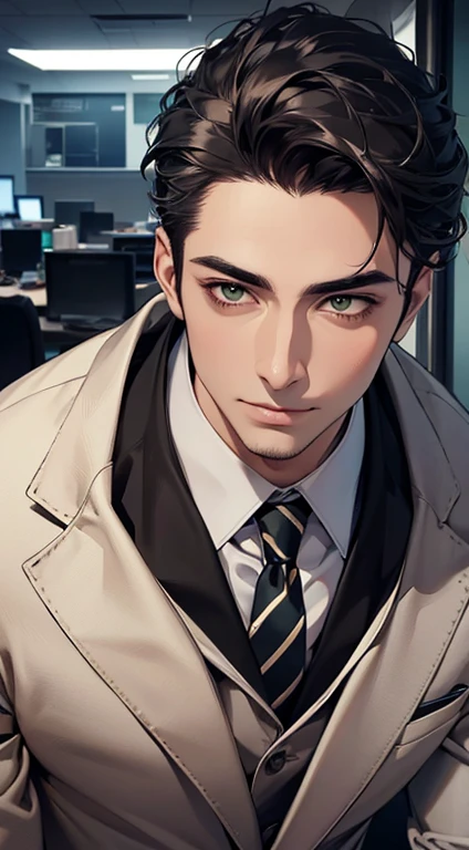 (Highest quality,4K,8K,High resolution,masterpiece:1.2),Super detailed,(Realistic,photoRealistic,photo-Realistic:1.37),1 person,35 years old,Mature Men,Beautiful skin、very handsome,Expressionless,Short gray Black hair,green eyes,Sharp Eyes, CEO in his office, huge with classic and modern architecture looking at his prey with a mischievous smile. A perfect face without a doubt,Businessman, CEO, Office Background,Cinema Lighting,HDR image,tie、