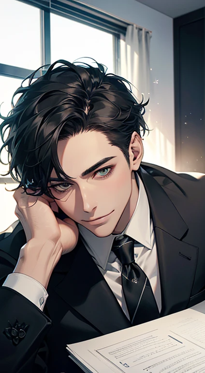 (Highest quality,4K,8K,High resolution,masterpiece:1.2),Super detailed,(Realistic,photoRealistic,photo-Realistic:1.37),1 person,35 years old,Mature Men,Beautiful skin、very handsome,Expressionless,Short gray Black hair,green eyes,Sharp Eyes, CEO in his office, huge with classic and modern architecture looking at his prey with a mischievous smile. A perfect face without a doubt,Businessman, CEO, Office Background,Cinema Lighting,HDR image,tie、