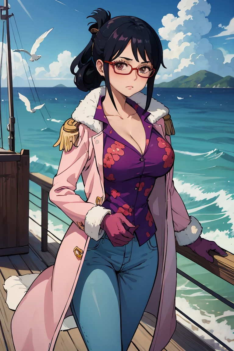 glasses, folded ponytail, pink coat, coat on shoulders, purple shirt, pink gloves, blue pants masterpiece, best quality, absurdres, ship, on deck, ocean, flying seagulls, looking at viewer, big breasts, cleavage, undressing, looking at viewer
