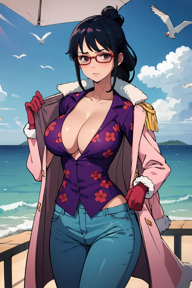 glasses, folded ponytail, pink coat, coat on shoulders, purple shirt, pink gloves, blue pants masterpiece, best quality, absurdres, ship, on deck, ocean, flying seagulls, looking at viewer, big breasts, cleavage, undressing, looking at viewer
