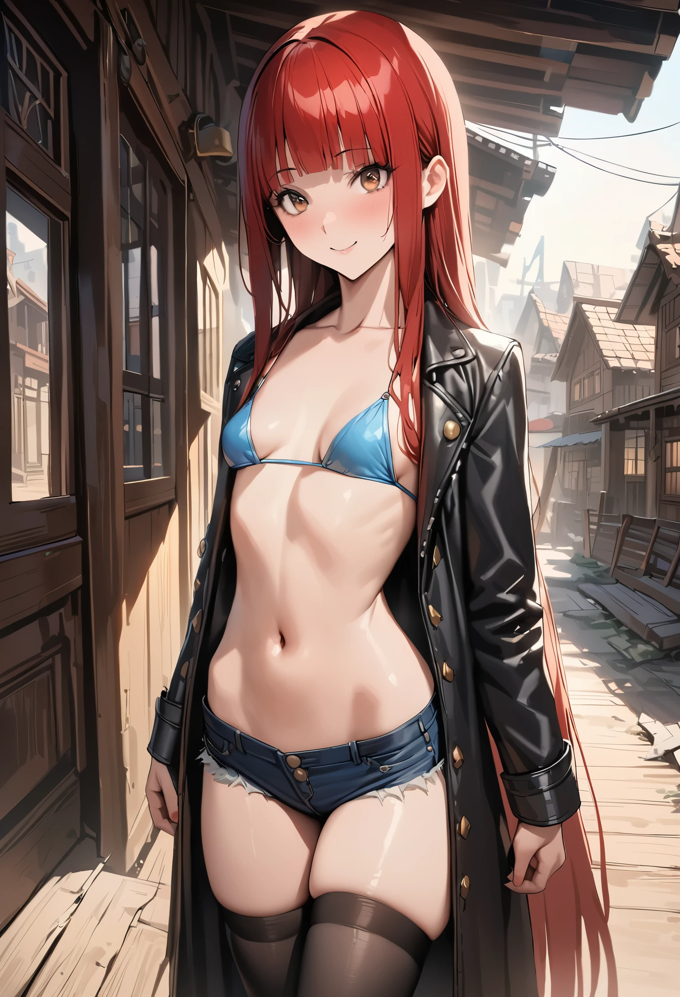 ((masterpiece,best quality anime,Highest quality:1.3)),realistic,cowboy shot,(30 year old beauty),gunslinger,1woman,独奏,((very small head:1.4)),((very long body:1.3)),(red hair),bangs,straight long hair,gorgeous big eyes,brown eyes,smile,((Black leather long coat))、(Wearing a black collared shirt、navel、Denim micro shorts, black_thighhighs),((slender body:1.3,skinny)),small breasts,gleaming skin,shiny skin,western town、The World of Westerns、