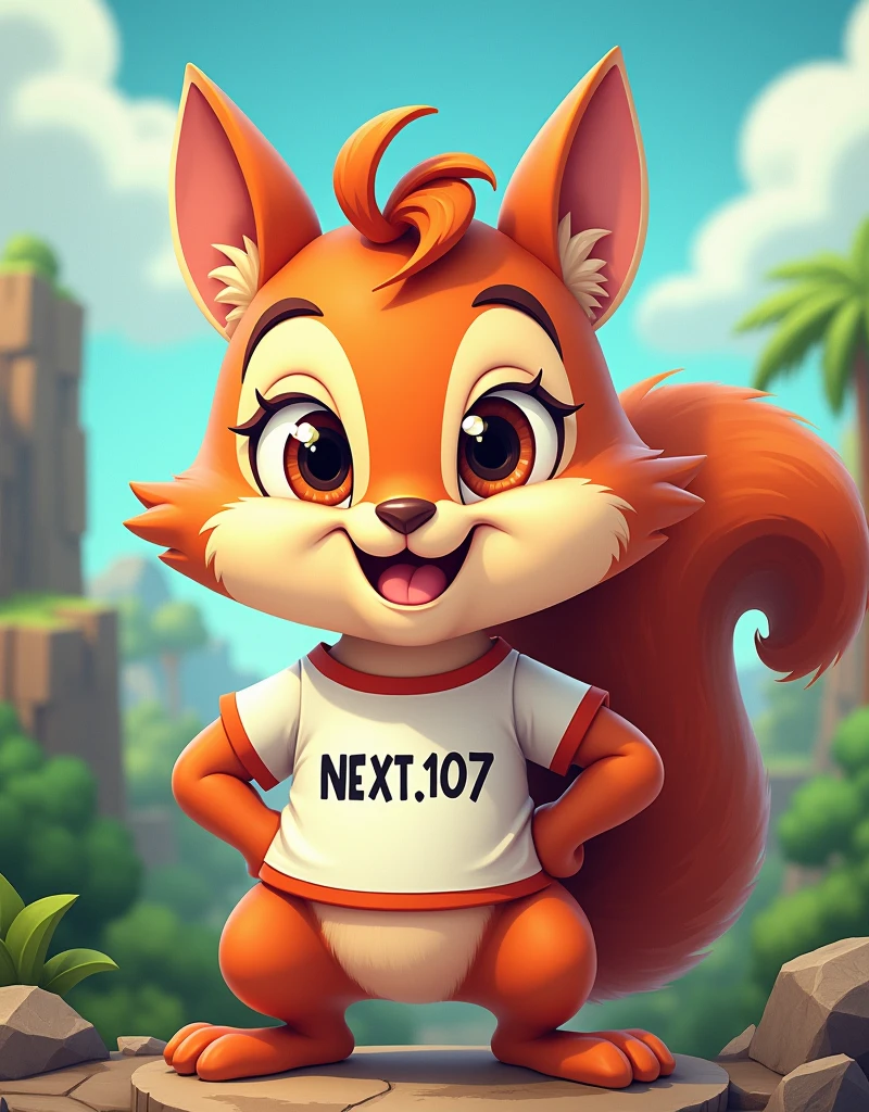 cartoon squirrel that says NEXT_107 on the shirt