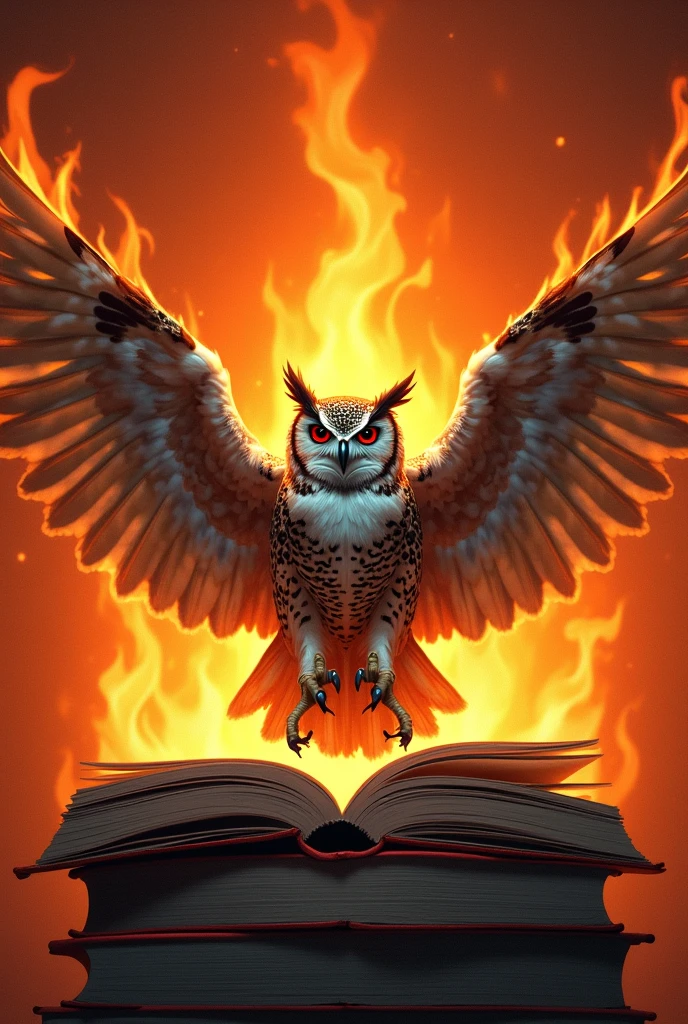 I want you to make a flag with a theme Knowledge shares knowledge, with the main color orange, I want in the middle of it a symbol of an owl coming out of a book with its wings open, behind her I want fire, I want the owl with the threatening expression, I want it with a literary tone